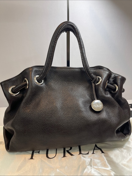 Furla Black Pebbled Leather Large Tote Shoulder Bag Silver Hardware